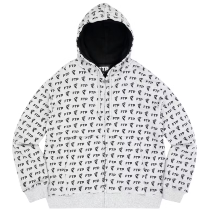 FTP x Famous All Over Logo Zip Hoodie Heather Grey