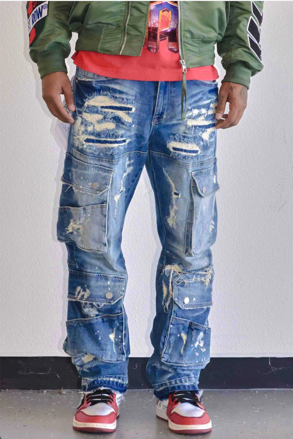 UTILITY CARGO REPAIR DENIM PANTS-MEDIUM STONE TINT