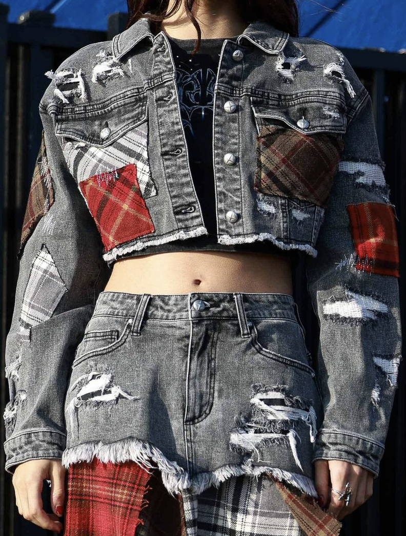 Plaid Applique Denim Crop Trucker Jacket