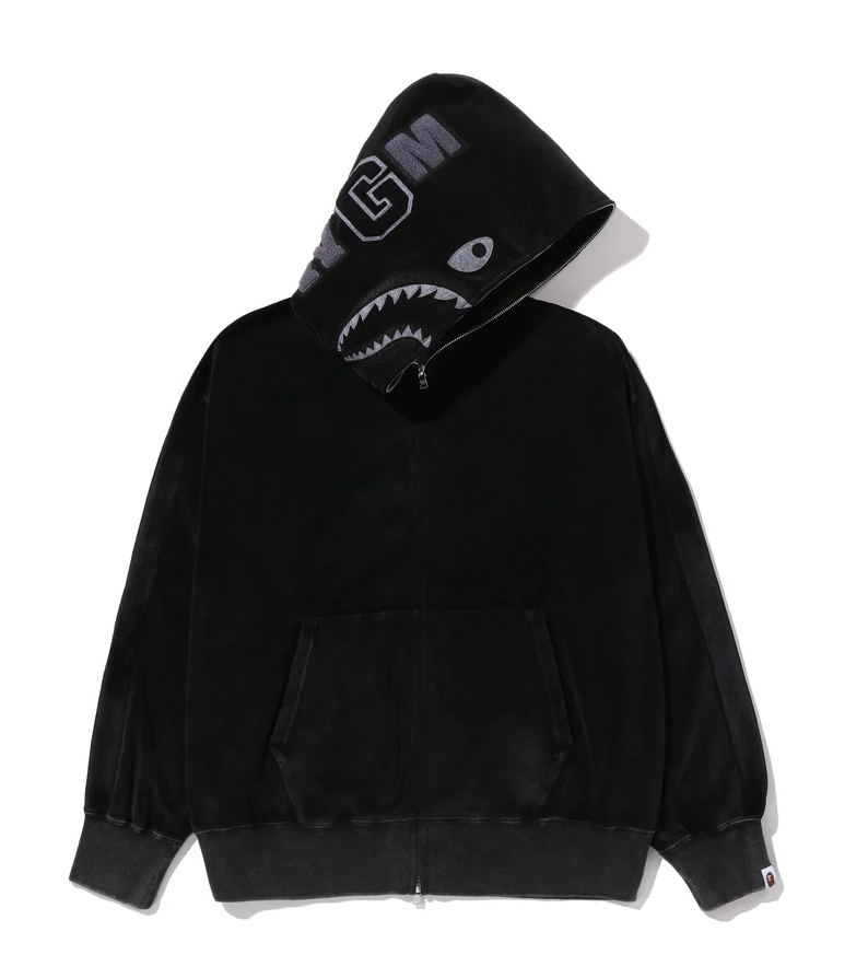 Snow Wash Shark Relaxed Fit Full Zip Hoodie Black