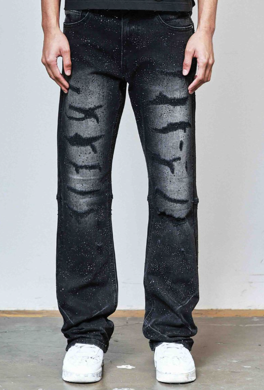 ALLOVER RHINE STONE BLACK RIPPED PANTS