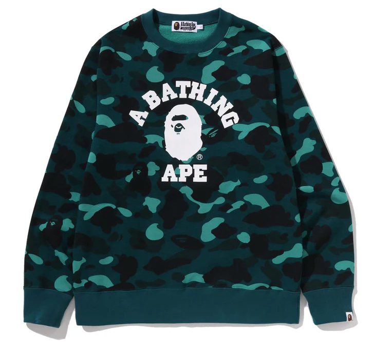 A BATHING APE CAMO COLLEGE CREWNECK SWEATSHIRT GREEN