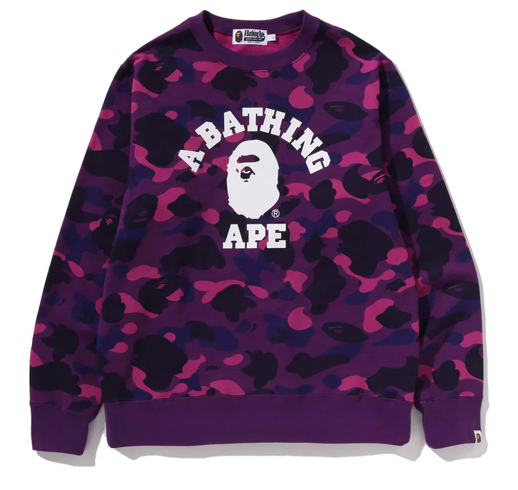 A BATHING APE CAMO COLLEGE CREWNECK SWEATSHIRT PURPLE