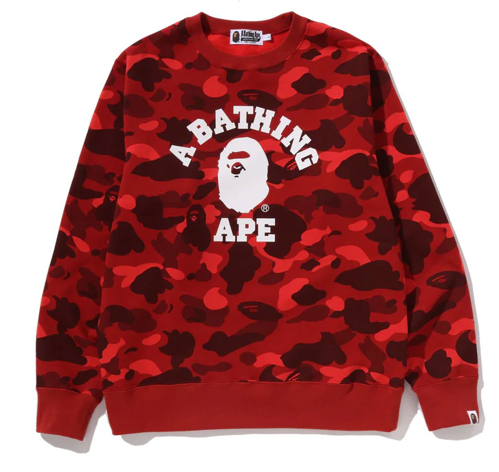 A BATHING APE CAMO COLLEGE CREWNECK SWEATSHIRT RED