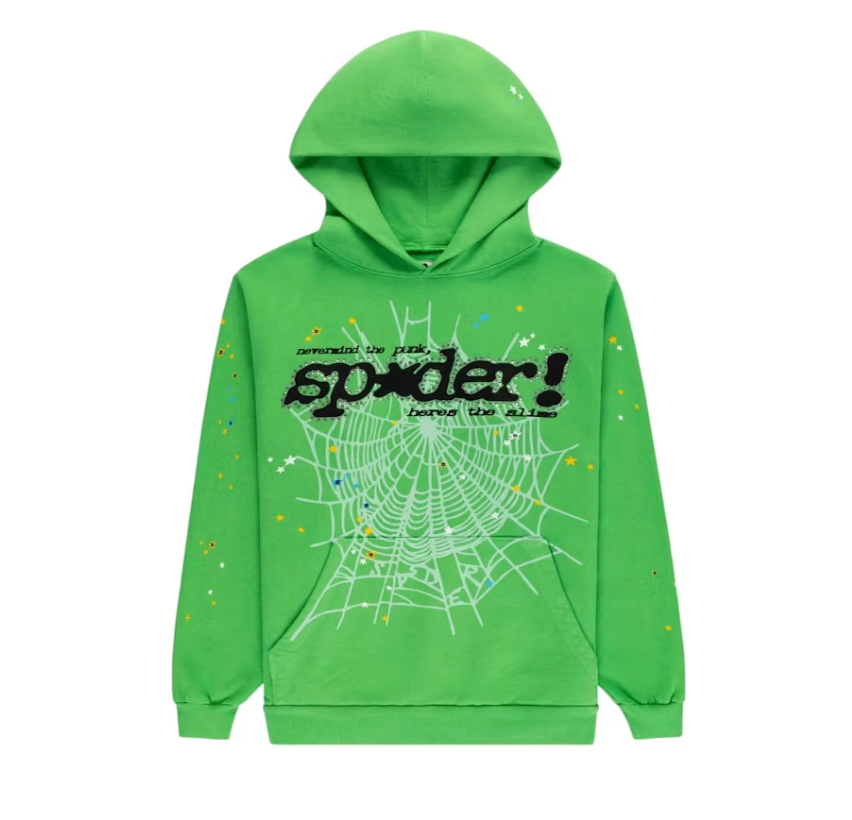 Sp5der Punk V2 Rhinestone Hoodie Bright Green