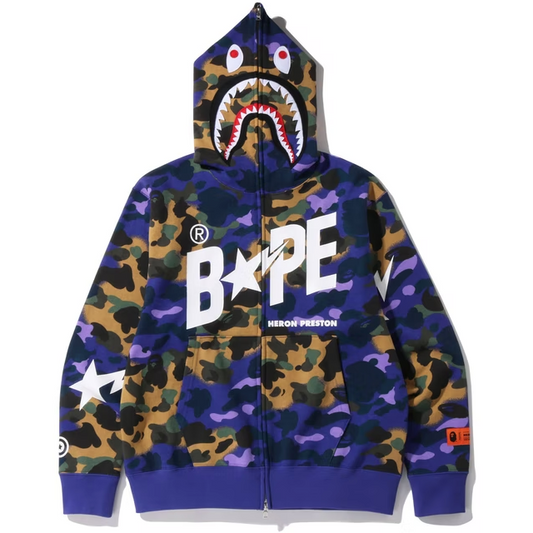 BAPE x Heron Preston Mix 1st Camo Shark Relaxed Fit Full Zip Hoodie Purple